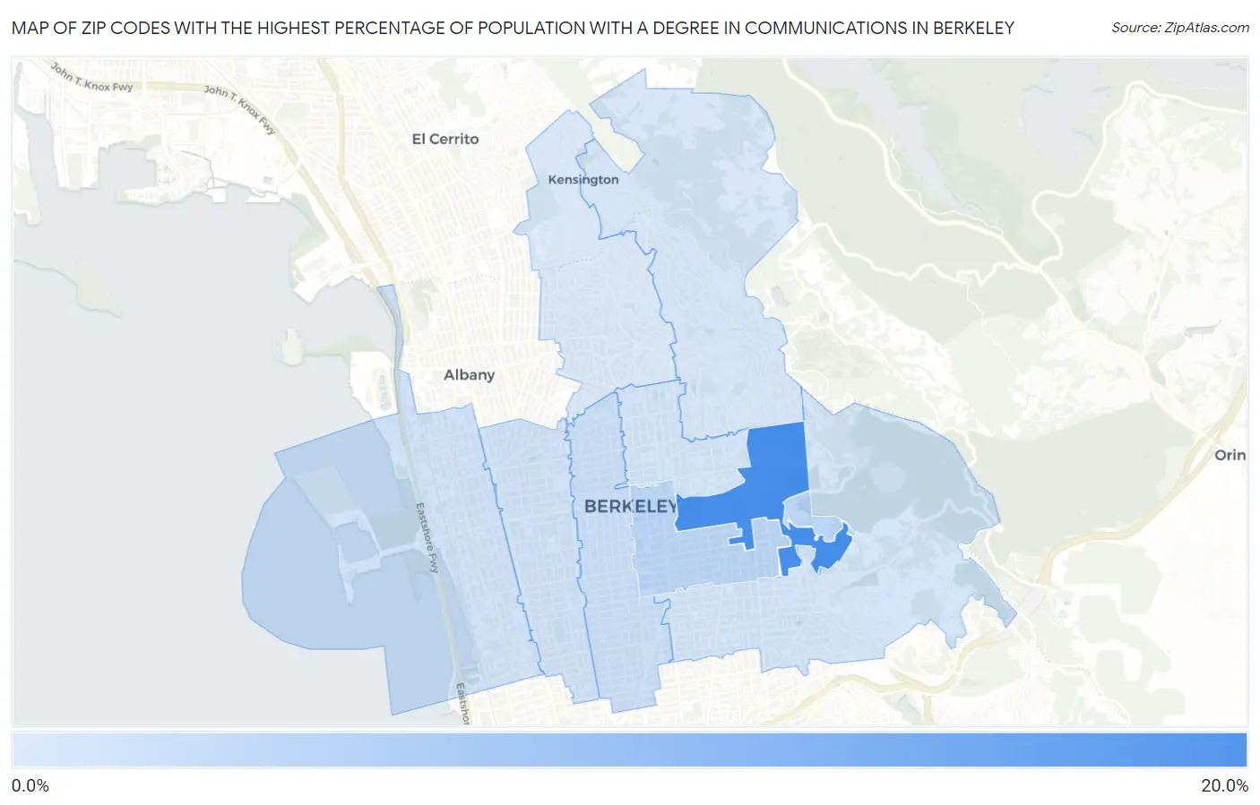Zip Codes with the Highest Percentage of Population with a Degree in Communications in Berkeley Map