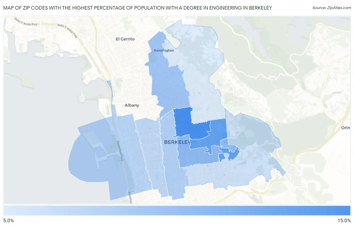 Zip Codes with the Highest Percentage of Population with a Degree in Engineering in Berkeley Map