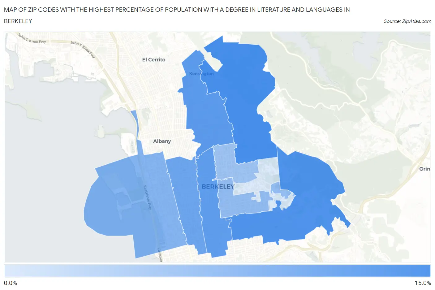 Zip Codes with the Highest Percentage of Population with a Degree in Literature and Languages in Berkeley Map