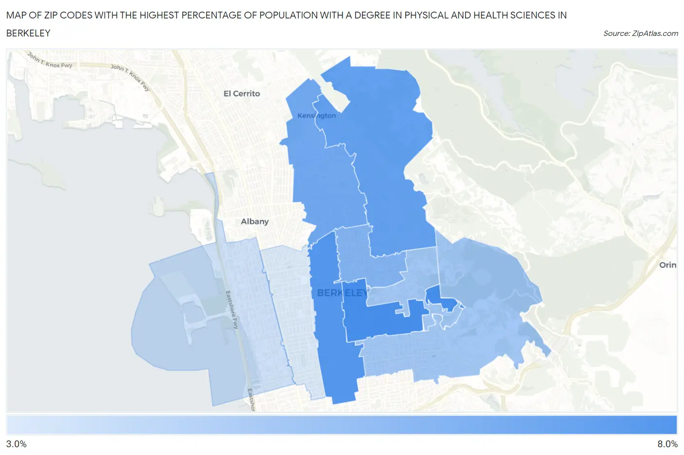Zip Codes with the Highest Percentage of Population with a Degree in Physical and Health Sciences in Berkeley Map