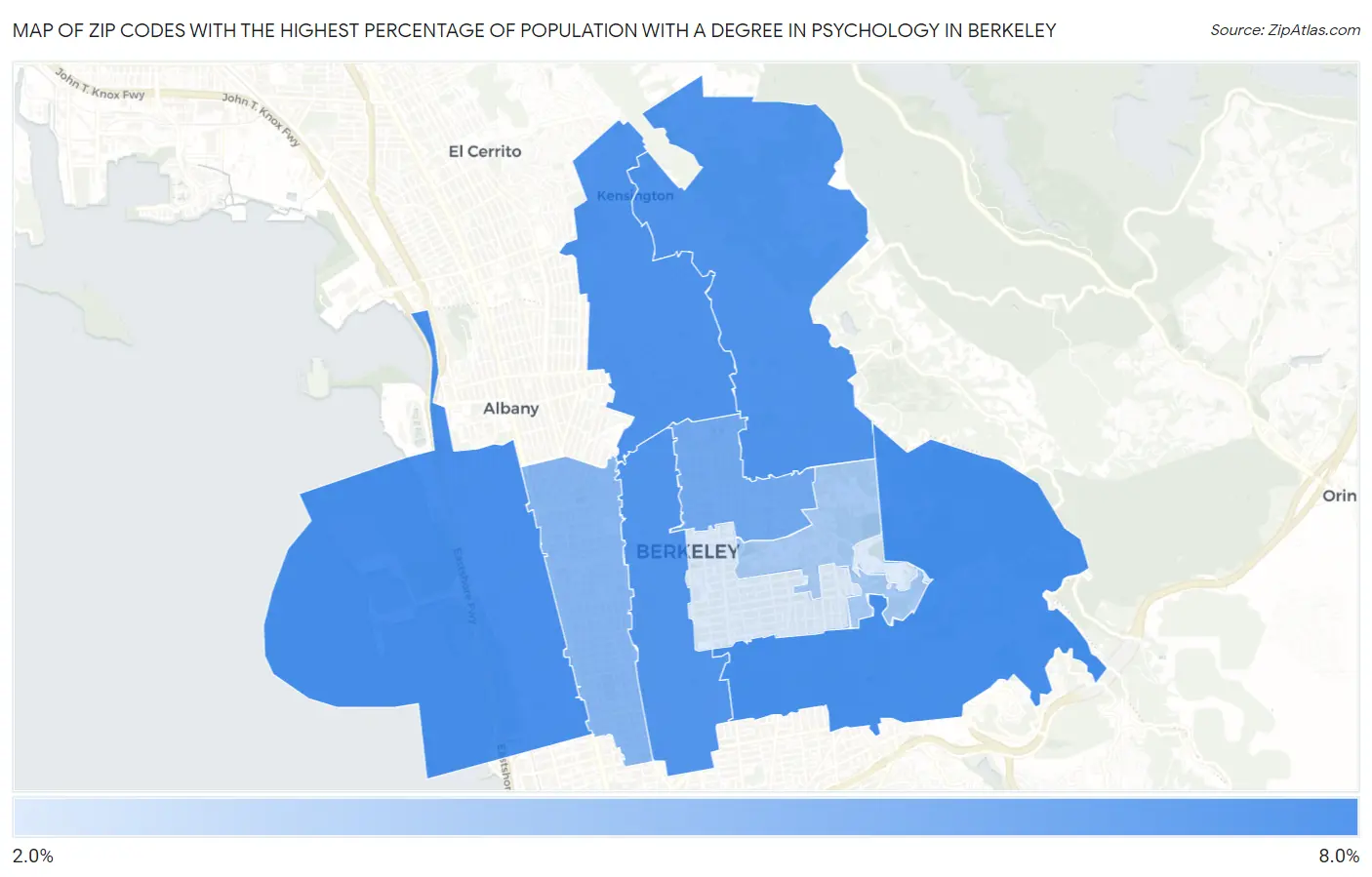 Zip Codes with the Highest Percentage of Population with a Degree in Psychology in Berkeley Map