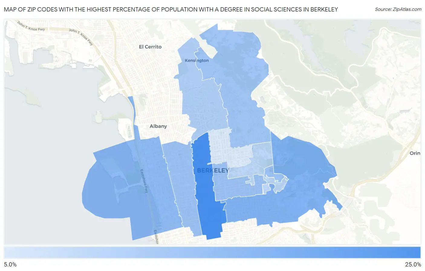 Zip Codes with the Highest Percentage of Population with a Degree in Social Sciences in Berkeley Map
