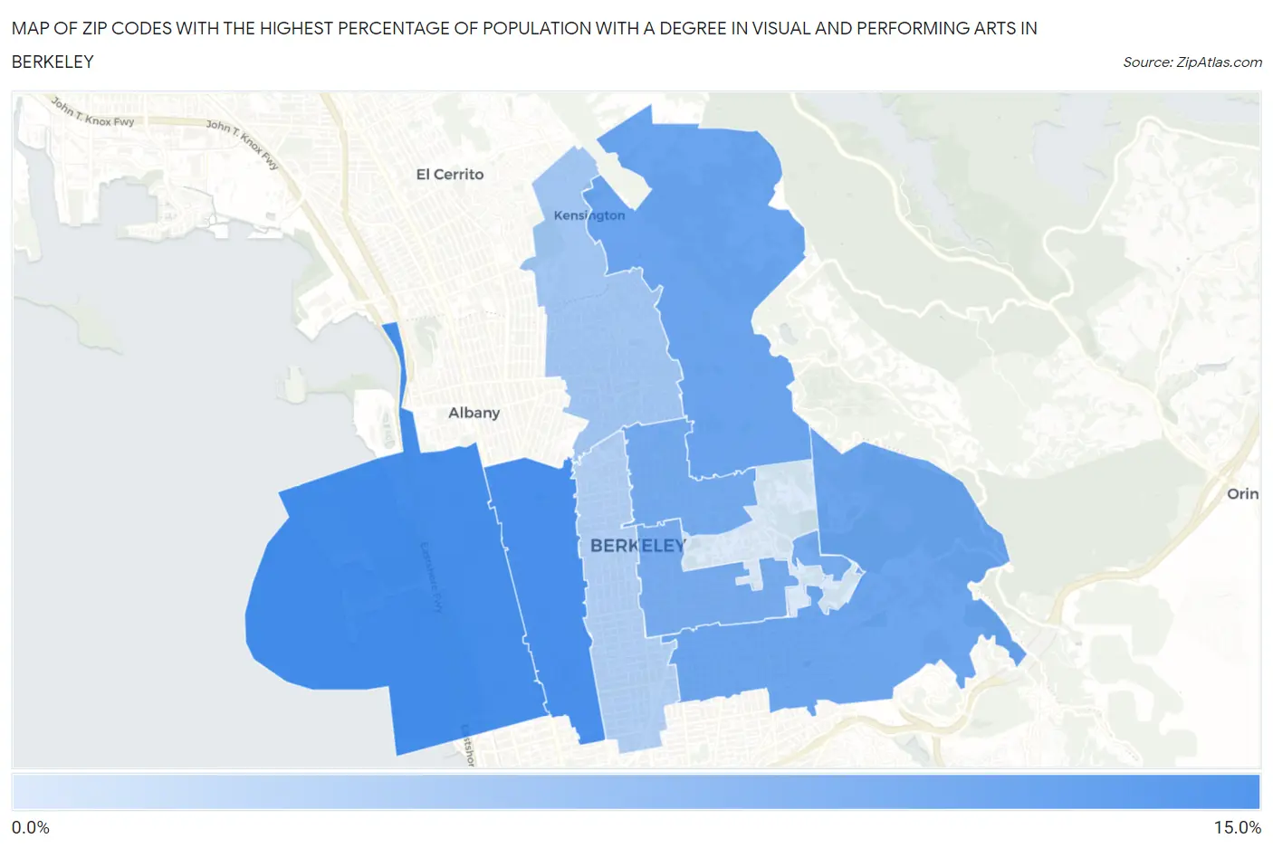 Zip Codes with the Highest Percentage of Population with a Degree in Visual and Performing Arts in Berkeley Map