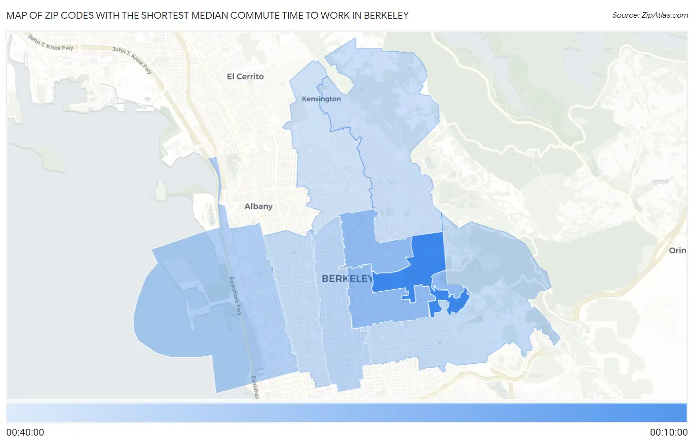 Zip Codes with the Shortest Median Commute Time to Work in Berkeley Map