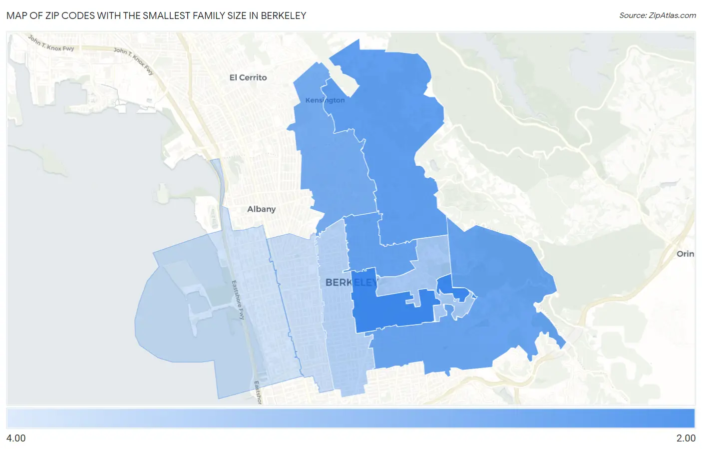 Zip Codes with the Smallest Family Size in Berkeley Map