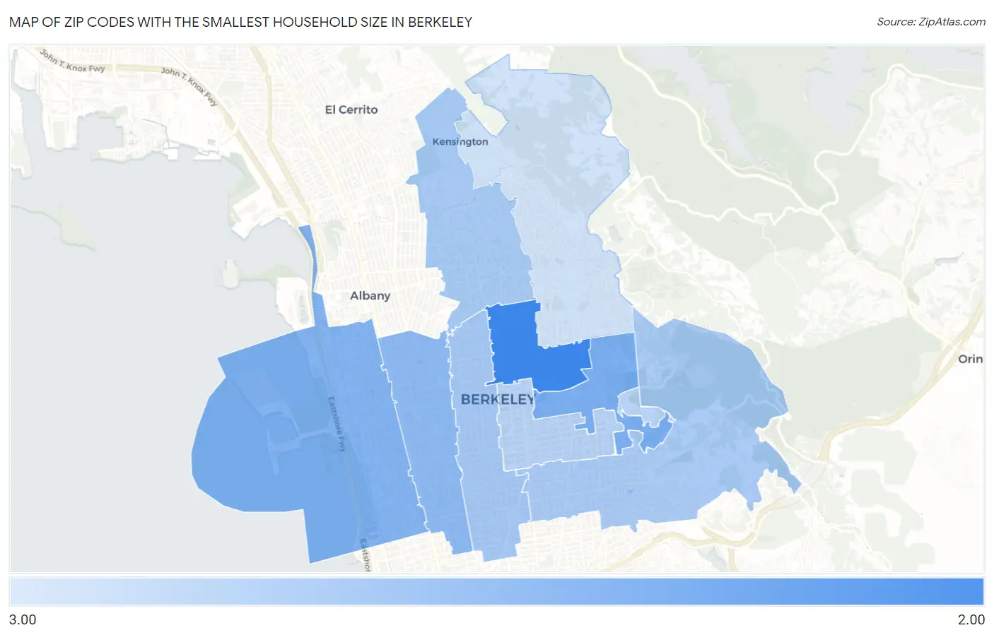 Zip Codes with the Smallest Household Size in Berkeley Map