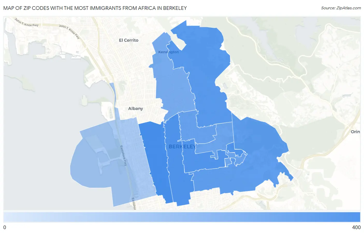 Zip Codes with the Most Immigrants from Africa in Berkeley Map