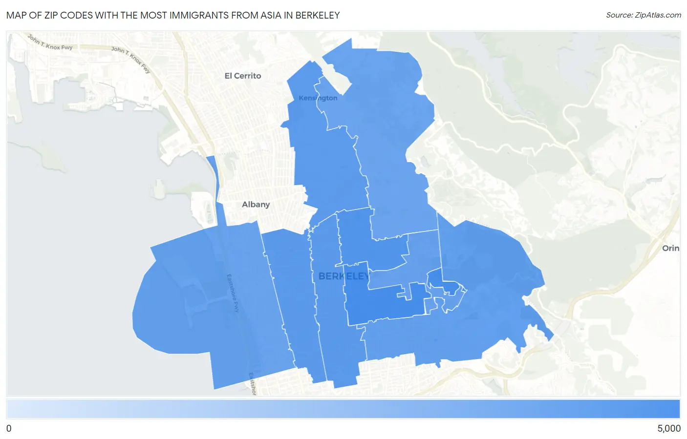 Zip Codes with the Most Immigrants from Asia in Berkeley Map