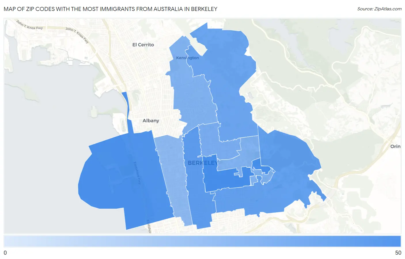 Zip Codes with the Most Immigrants from Australia in Berkeley Map