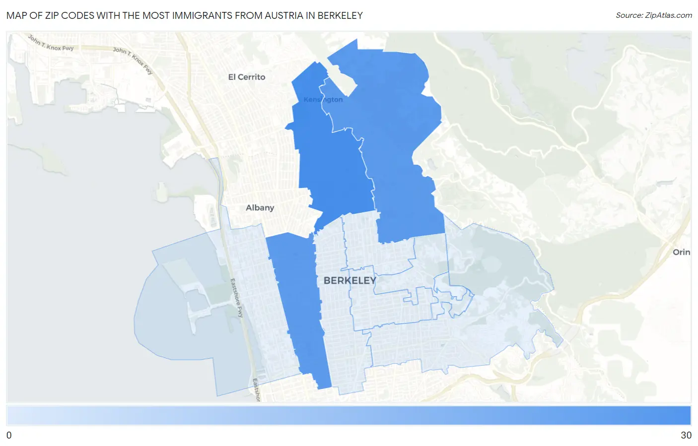 Zip Codes with the Most Immigrants from Austria in Berkeley Map