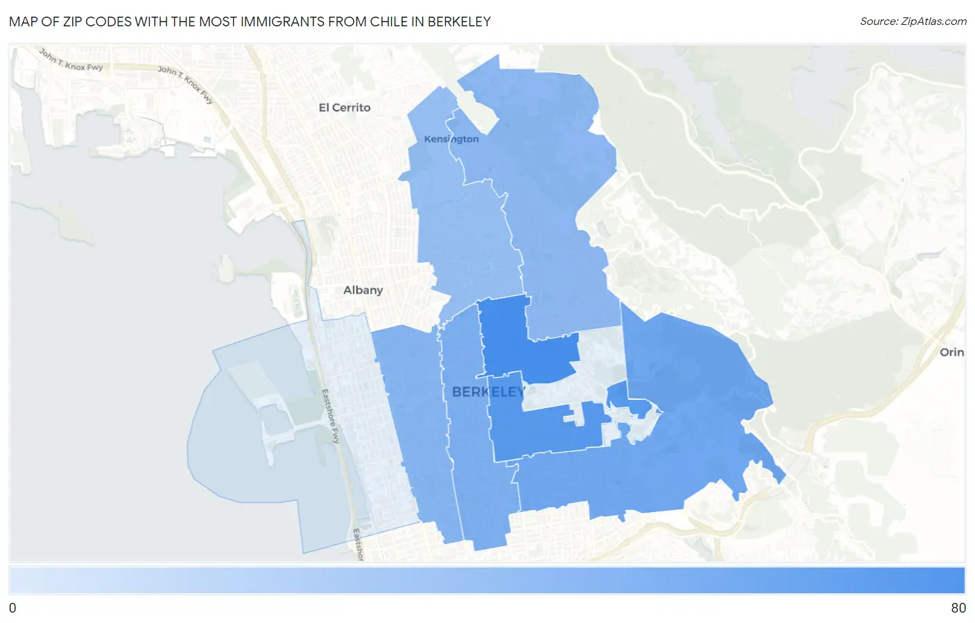 Zip Codes with the Most Immigrants from Chile in Berkeley Map