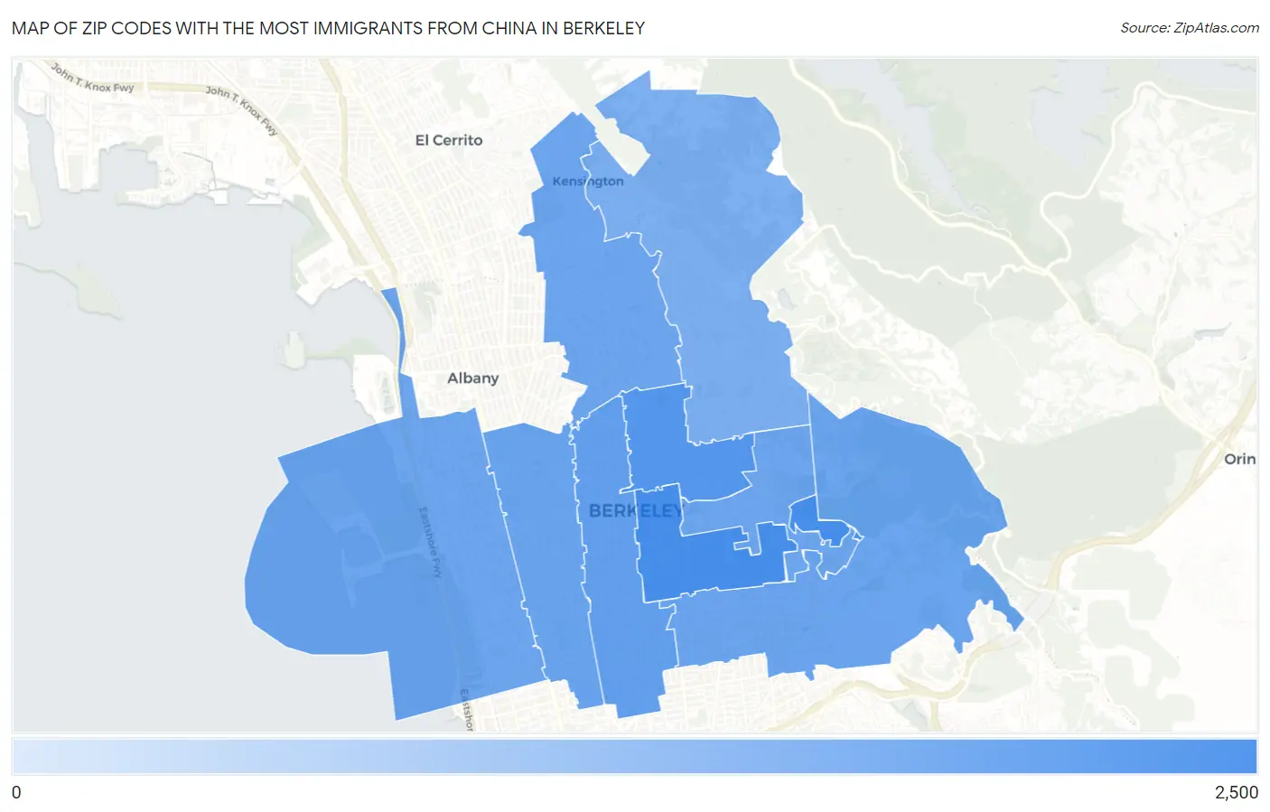 Zip Codes with the Most Immigrants from China in Berkeley Map