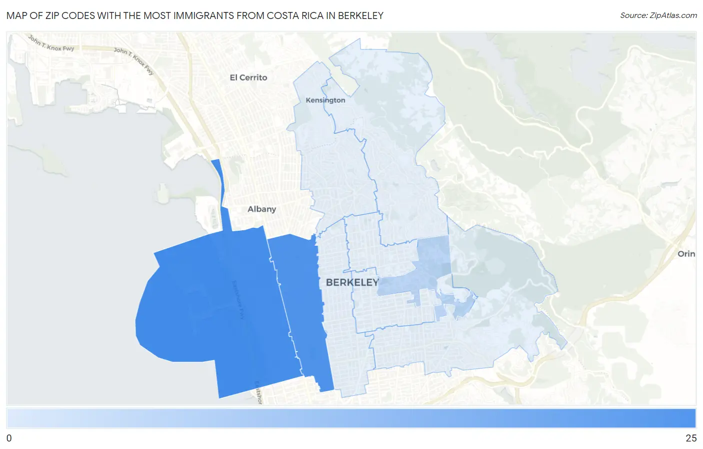 Zip Codes with the Most Immigrants from Costa Rica in Berkeley Map