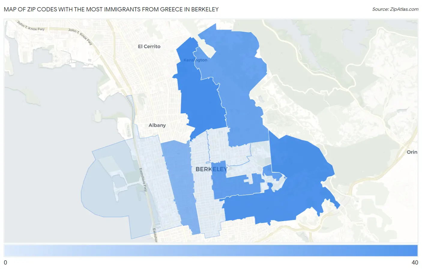 Zip Codes with the Most Immigrants from Greece in Berkeley Map