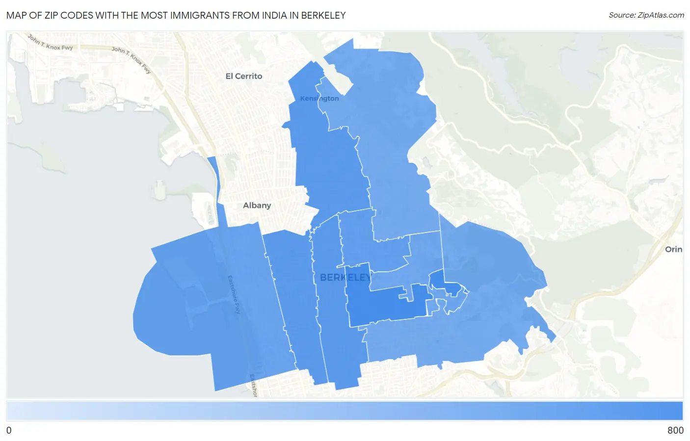 Zip Codes with the Most Immigrants from India in Berkeley Map