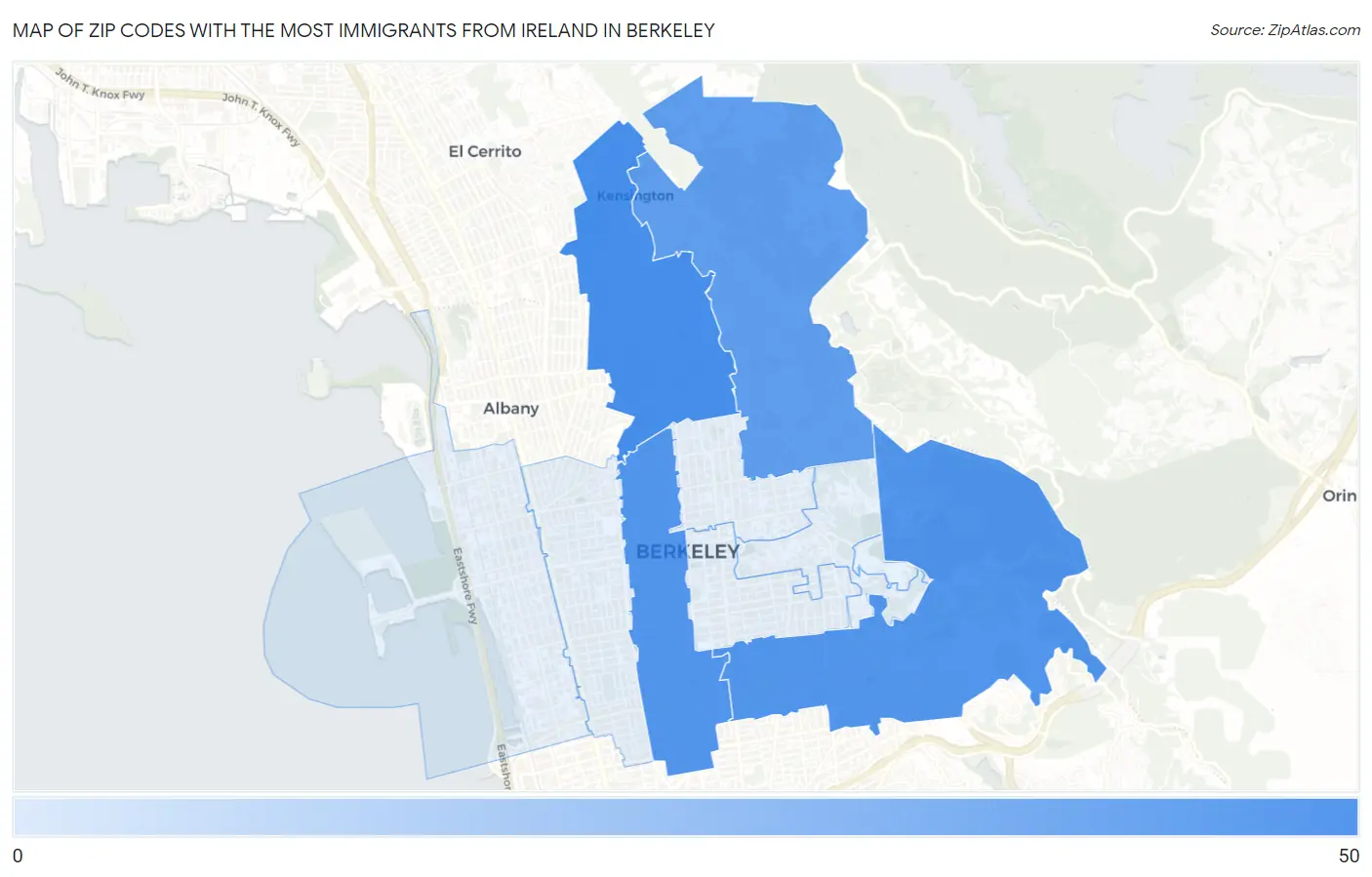Zip Codes with the Most Immigrants from Ireland in Berkeley Map