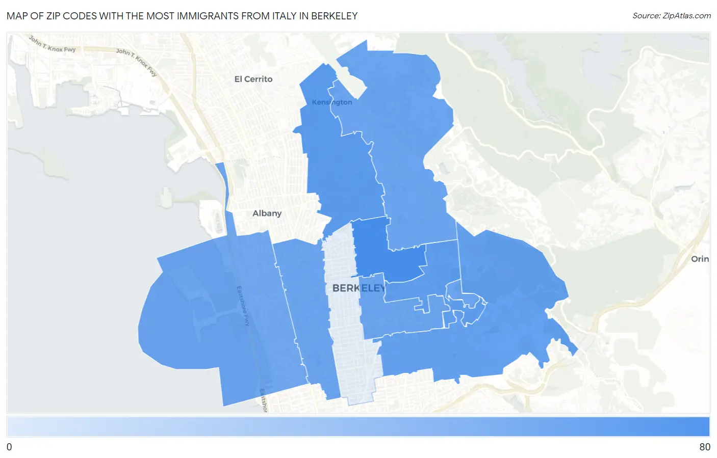 Zip Codes with the Most Immigrants from Italy in Berkeley Map