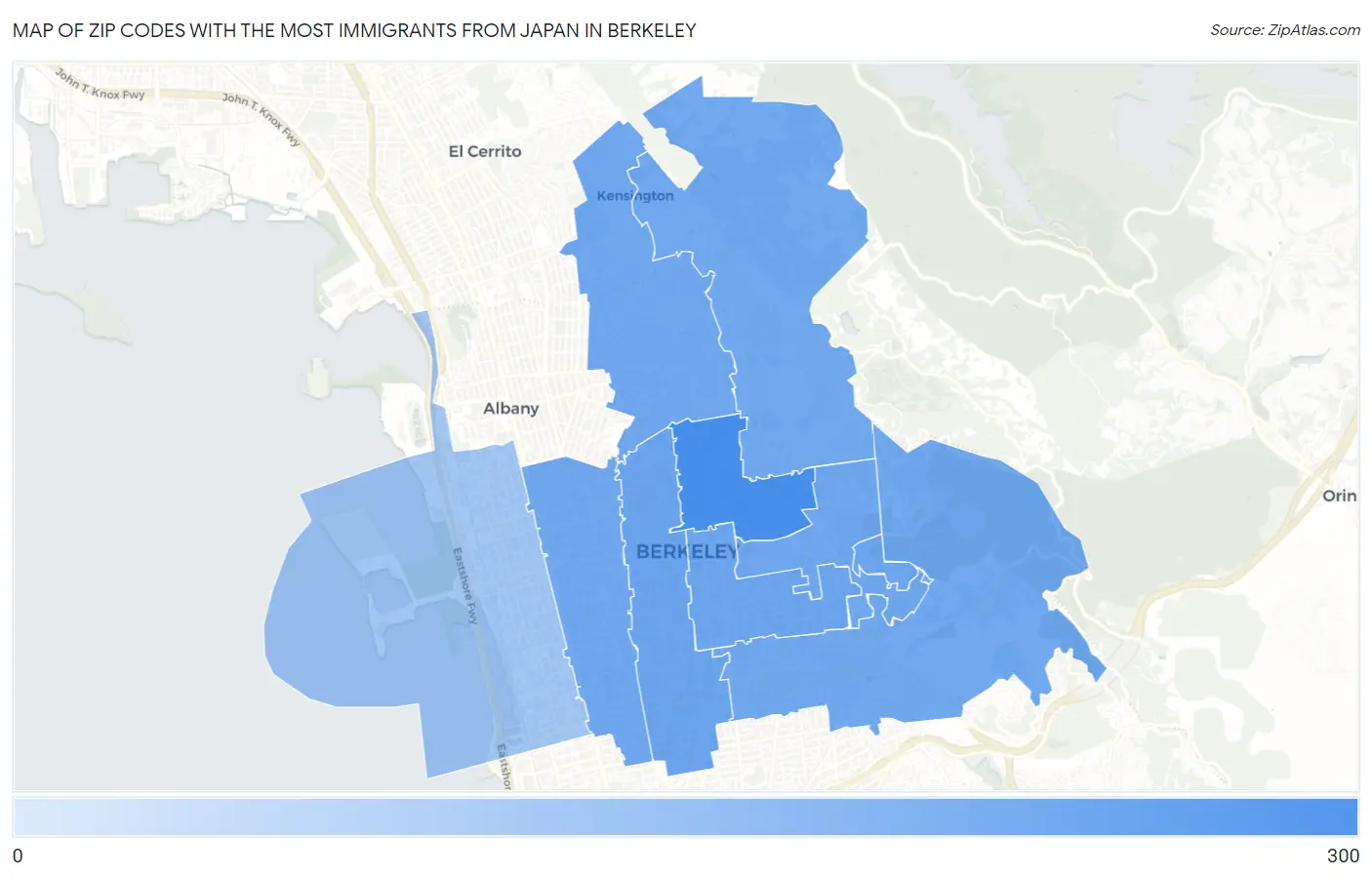 Zip Codes with the Most Immigrants from Japan in Berkeley Map