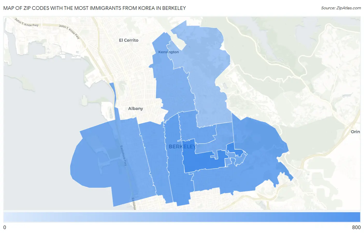 Zip Codes with the Most Immigrants from Korea in Berkeley Map