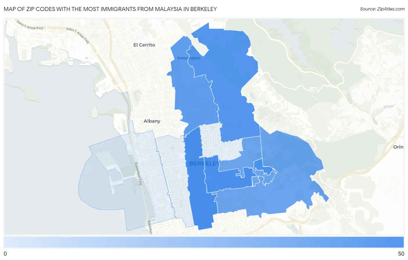 Zip Codes with the Most Immigrants from Malaysia in Berkeley Map