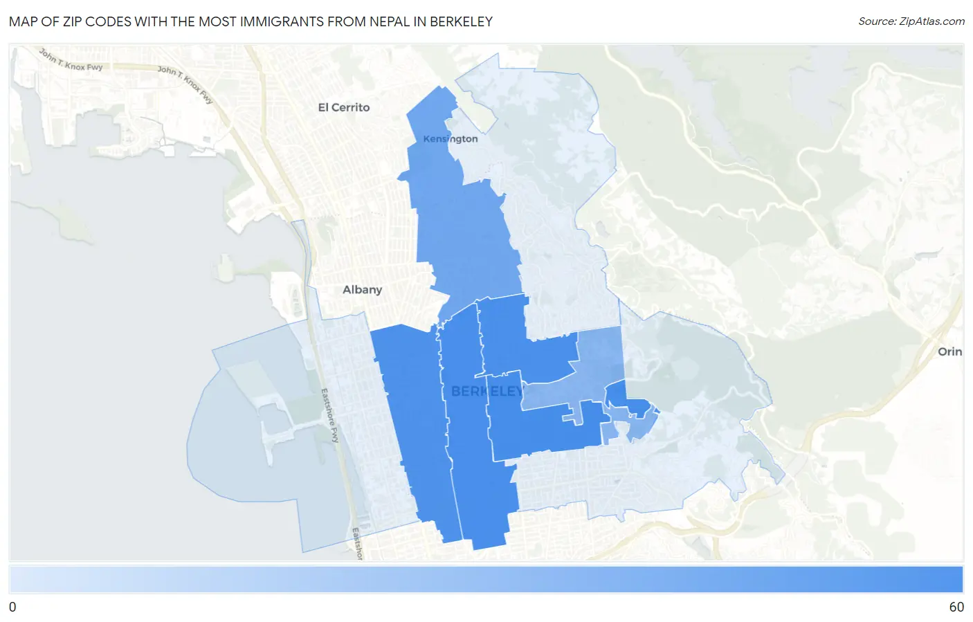 Zip Codes with the Most Immigrants from Nepal in Berkeley Map