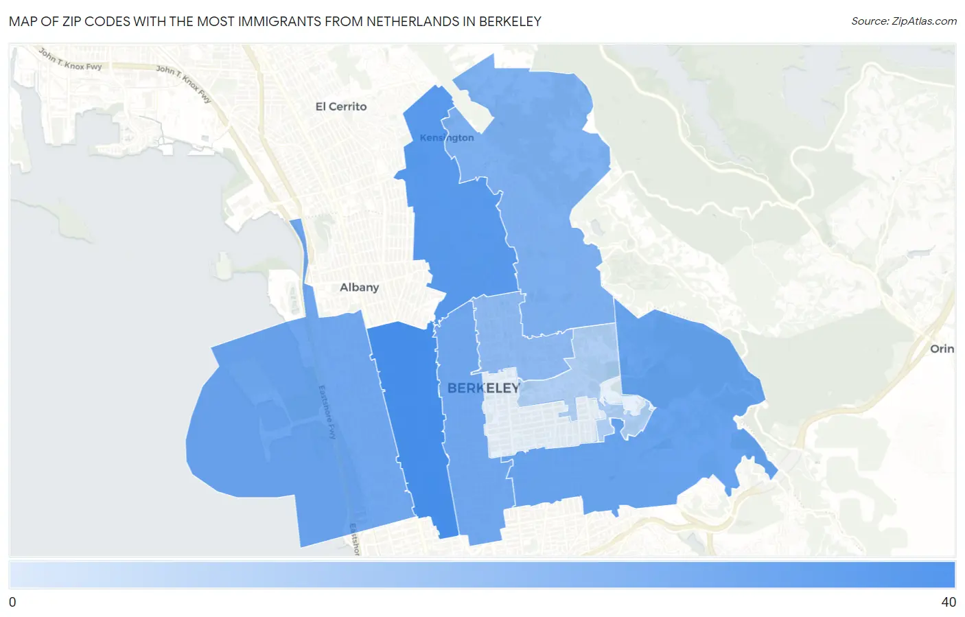 Zip Codes with the Most Immigrants from Netherlands in Berkeley Map