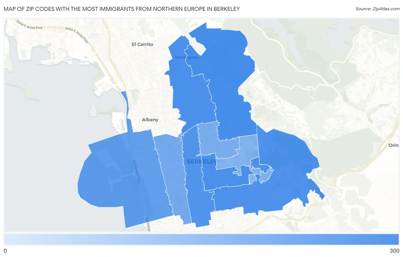 Zip Codes with the Most Immigrants from Northern Europe in Berkeley Map
