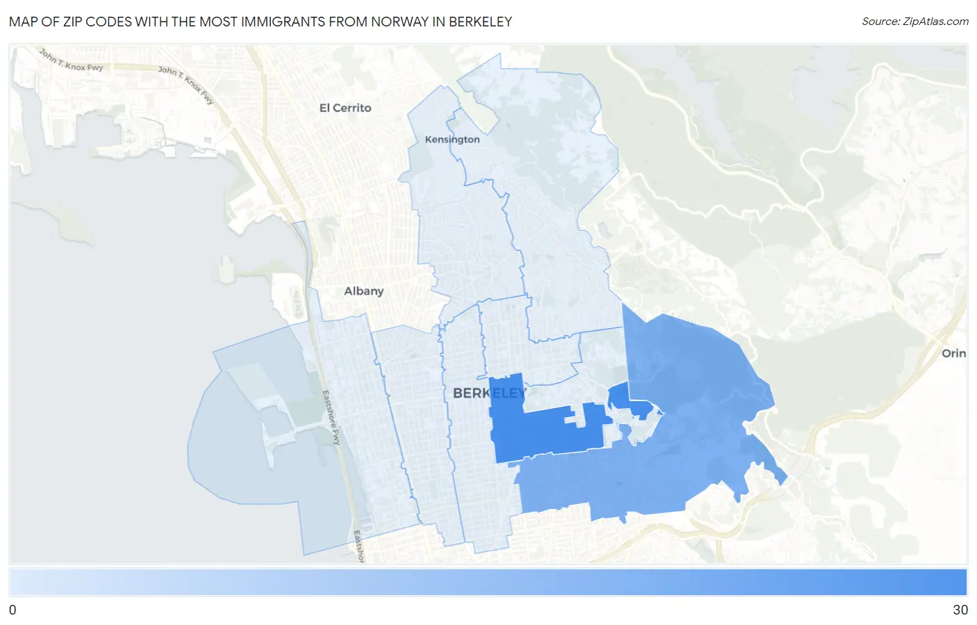Zip Codes with the Most Immigrants from Norway in Berkeley Map