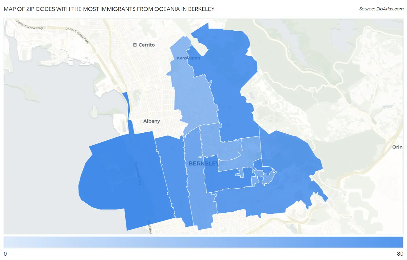 Zip Codes with the Most Immigrants from Oceania in Berkeley Map