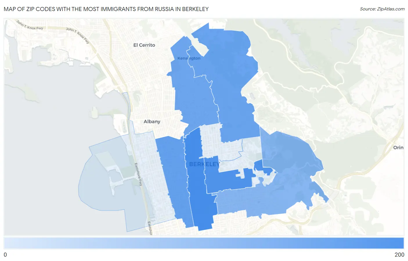Zip Codes with the Most Immigrants from Russia in Berkeley Map