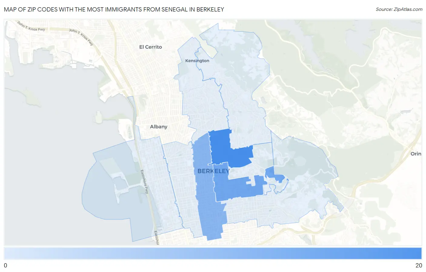 Zip Codes with the Most Immigrants from Senegal in Berkeley Map