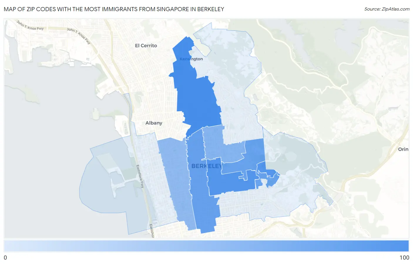 Zip Codes with the Most Immigrants from Singapore in Berkeley Map