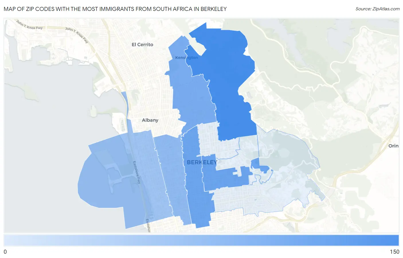 Zip Codes with the Most Immigrants from South Africa in Berkeley Map