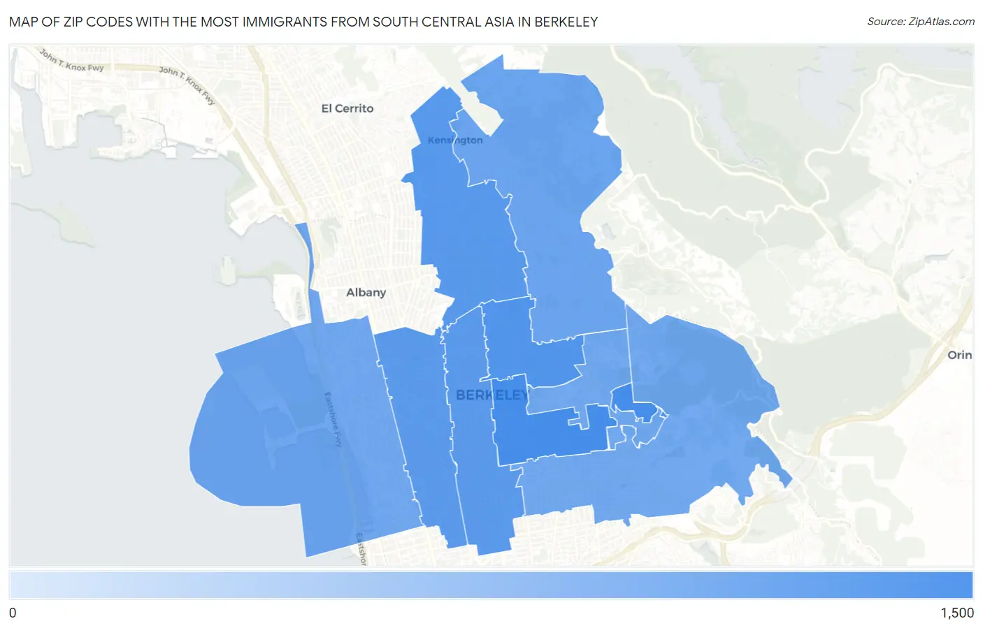 Zip Codes with the Most Immigrants from South Central Asia in Berkeley Map