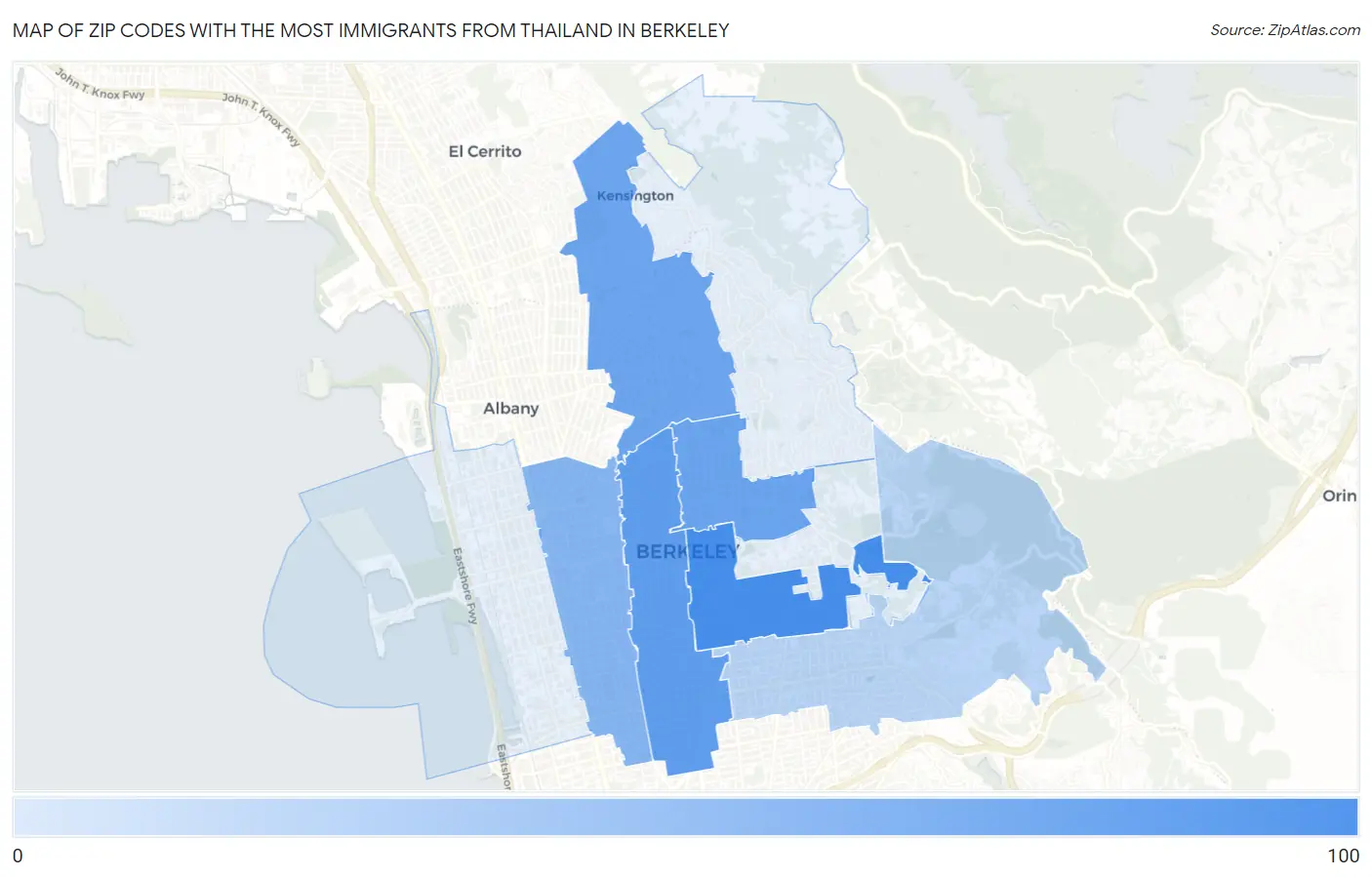 Zip Codes with the Most Immigrants from Thailand in Berkeley Map