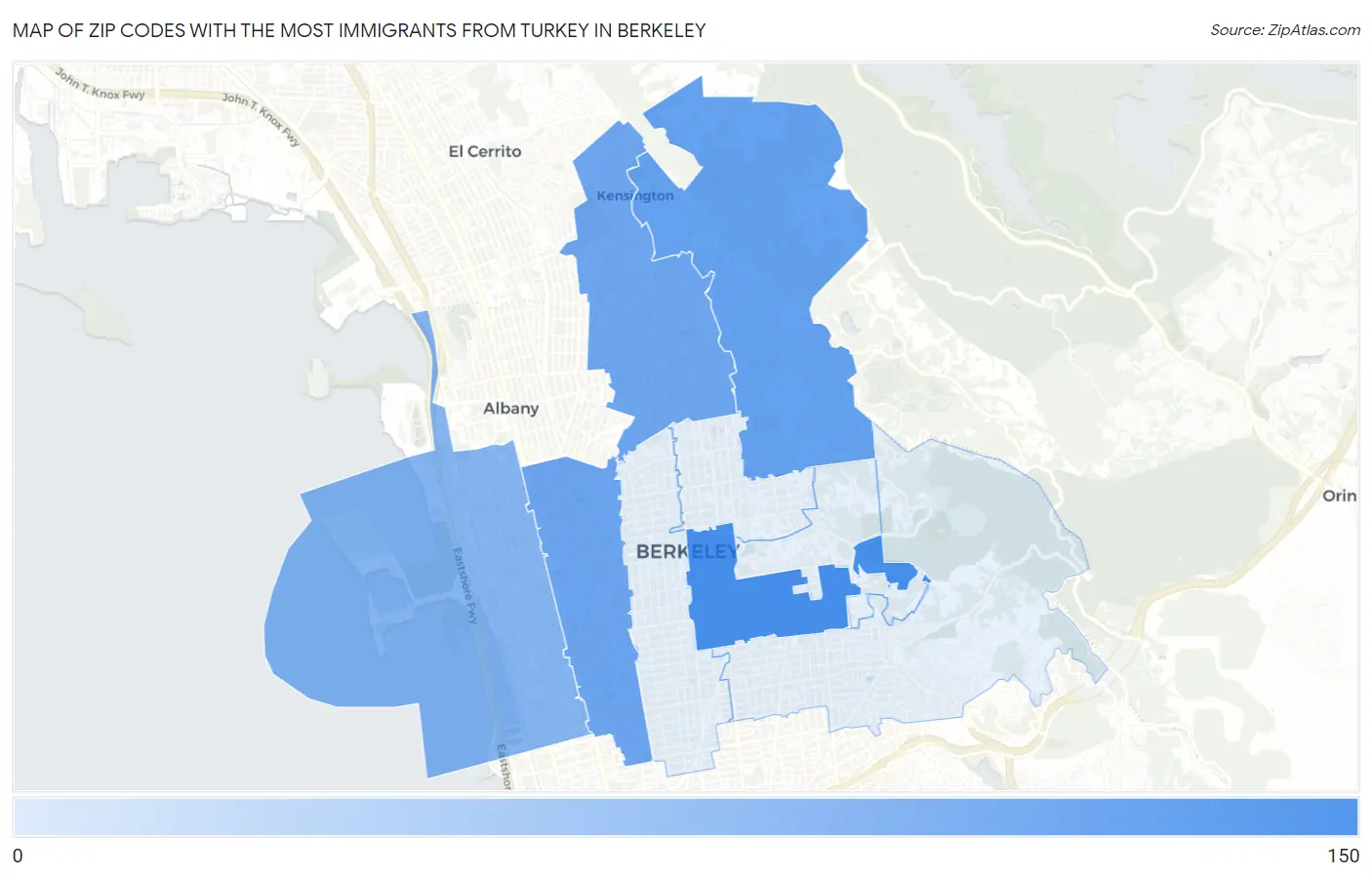 Zip Codes with the Most Immigrants from Turkey in Berkeley Map
