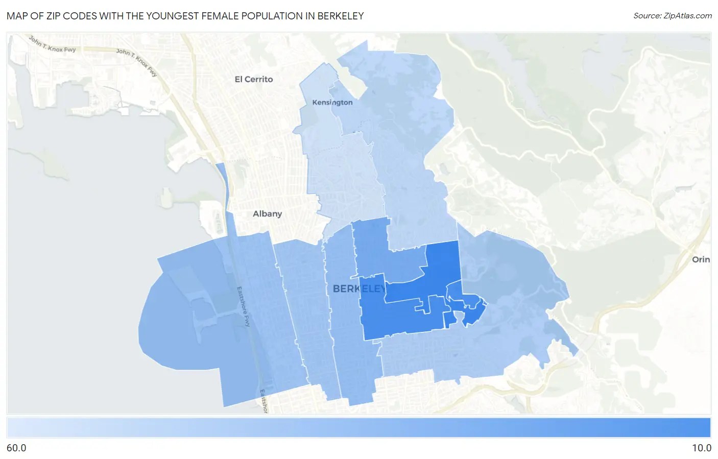 Zip Codes with the Youngest Female Population in Berkeley Map