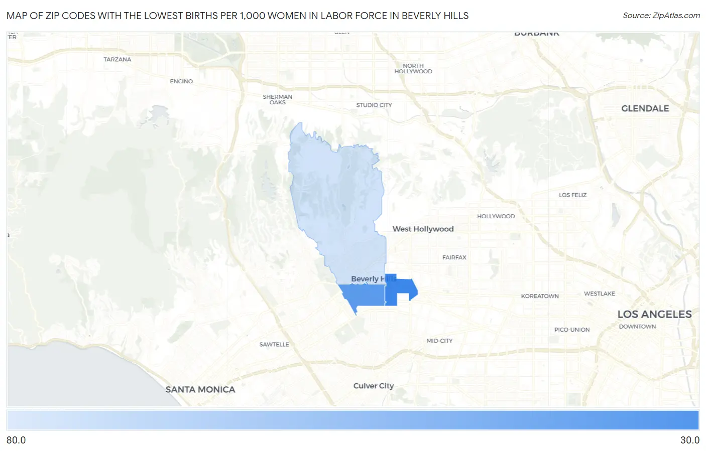 Zip Codes with the Lowest Births per 1,000 Women in Labor Force in Beverly Hills Map