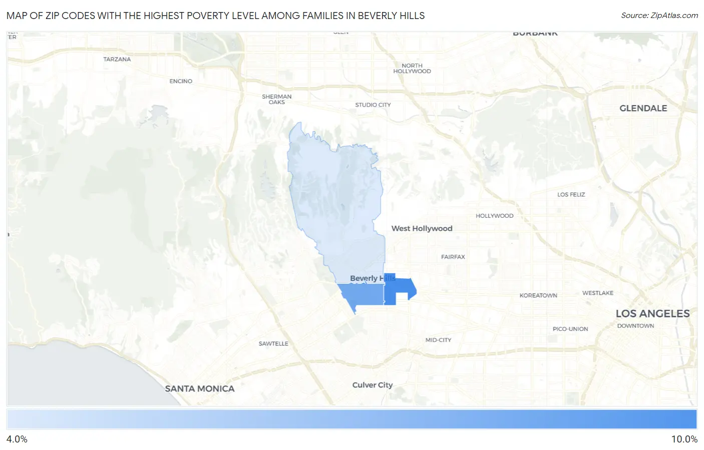 Zip Codes with the Highest Poverty Level Among Families in Beverly Hills Map