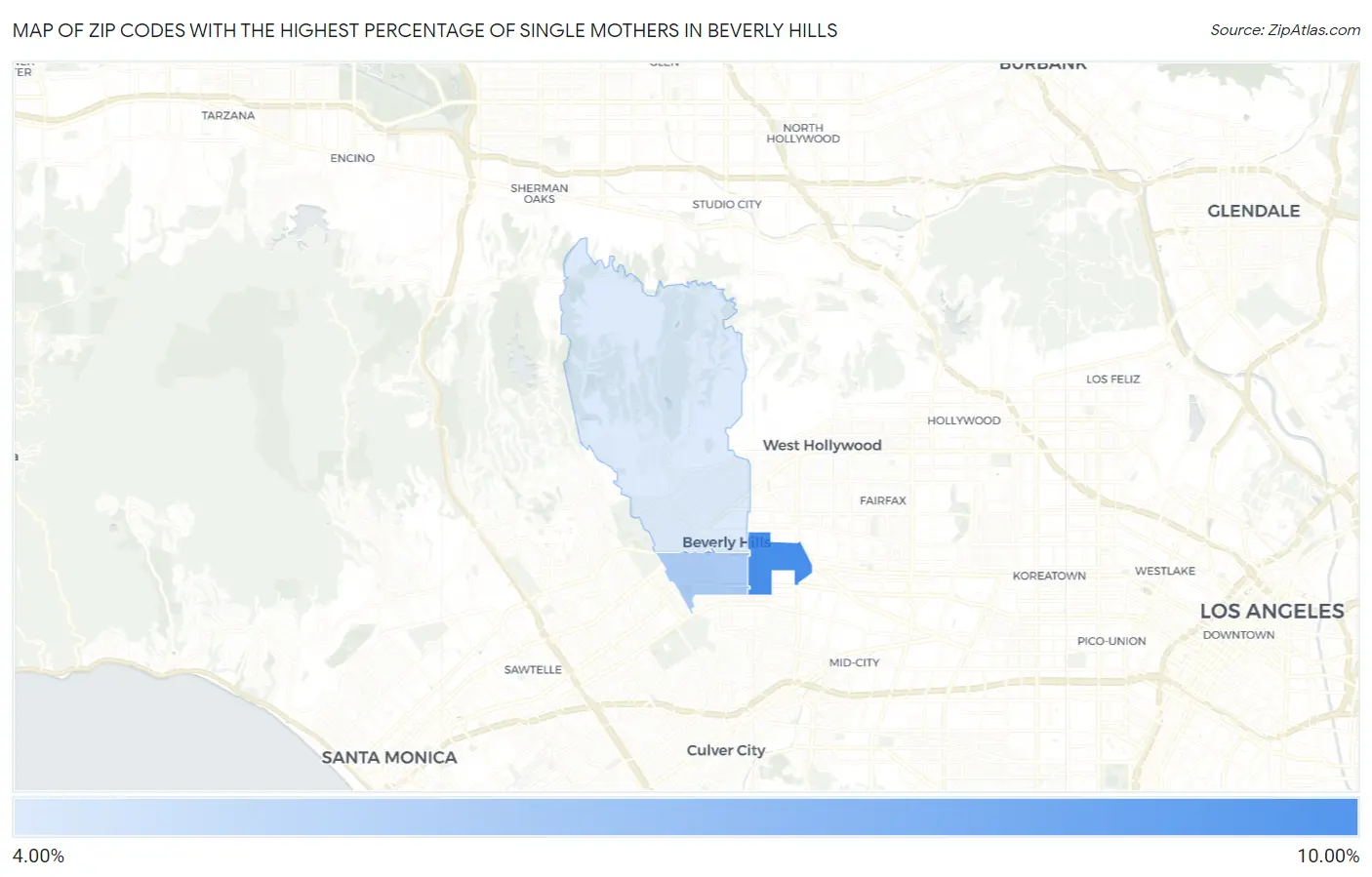 Zip Codes with the Highest Percentage of Single Mothers in Beverly Hills Map