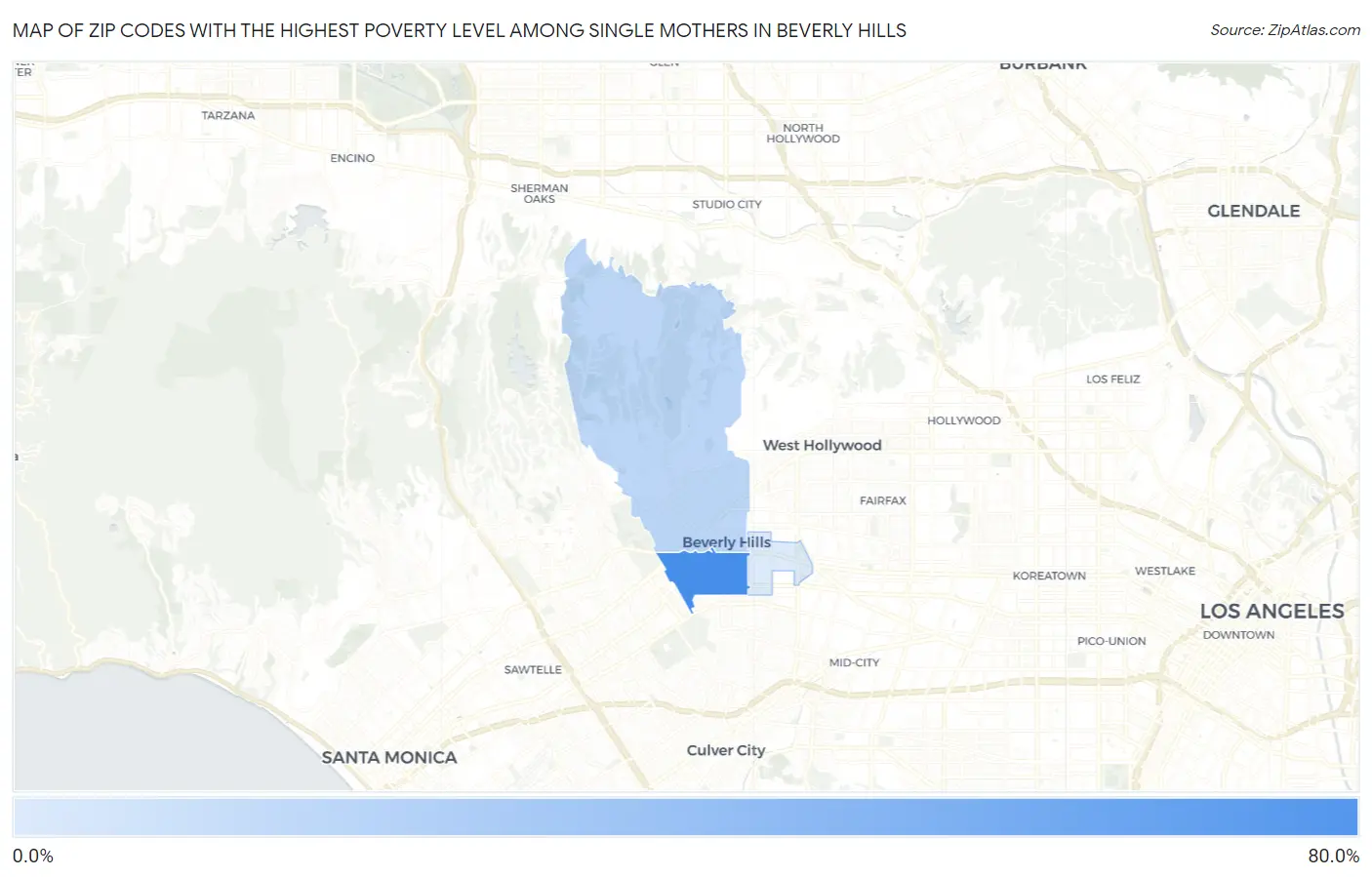Zip Codes with the Highest Poverty Level Among Single Mothers in Beverly Hills Map
