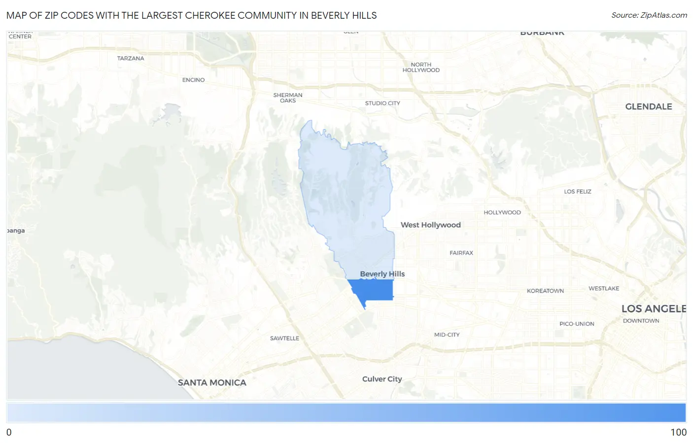 Zip Codes with the Largest Cherokee Community in Beverly Hills Map