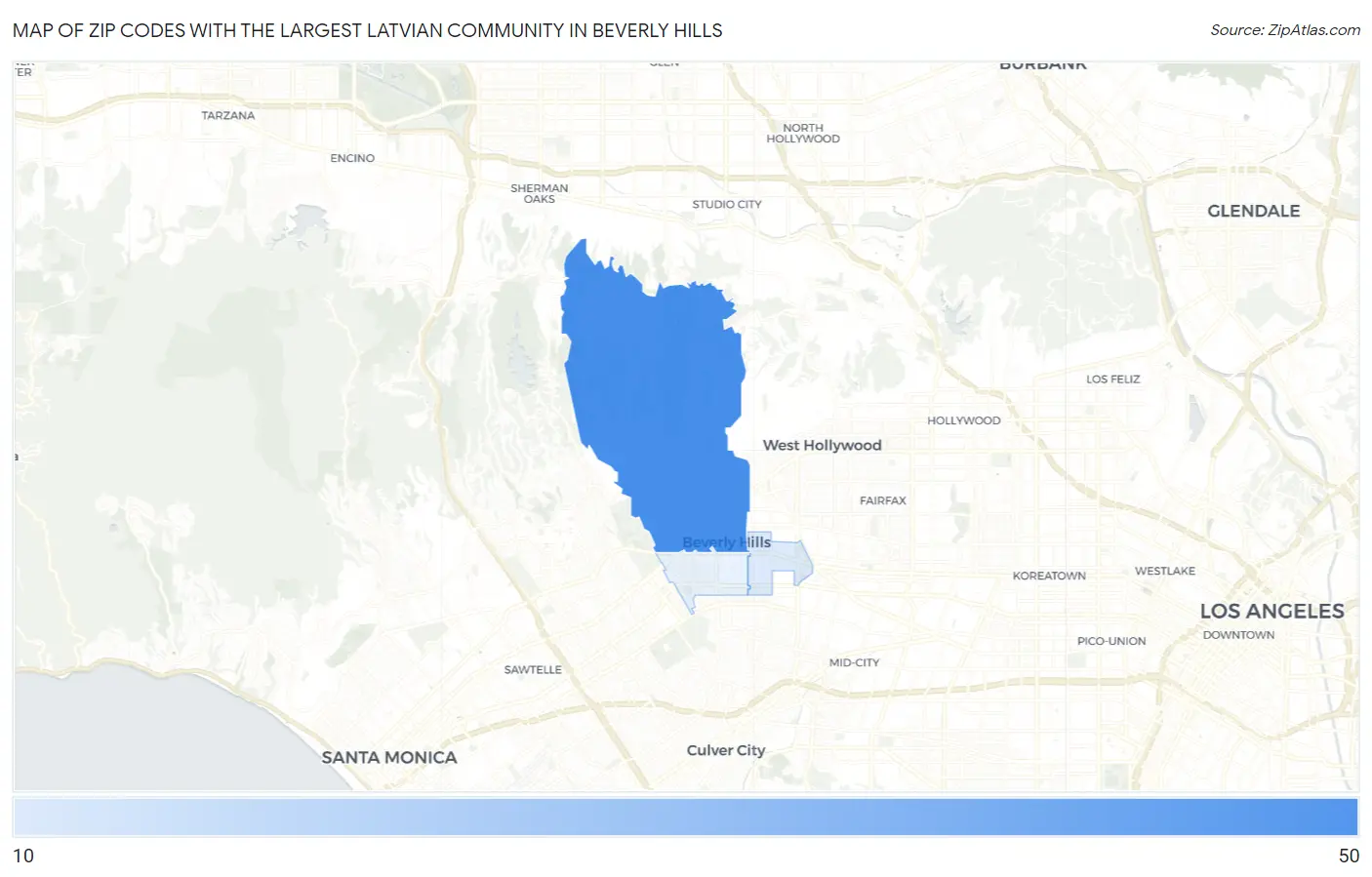 Zip Codes with the Largest Latvian Community in Beverly Hills Map