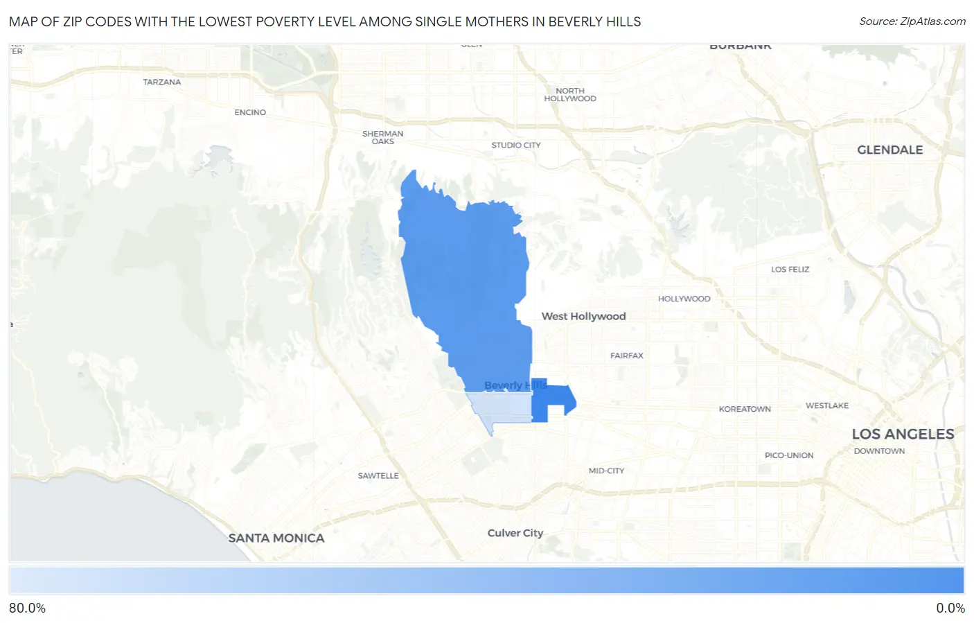Zip Codes with the Lowest Poverty Level Among Single Mothers in Beverly Hills Map