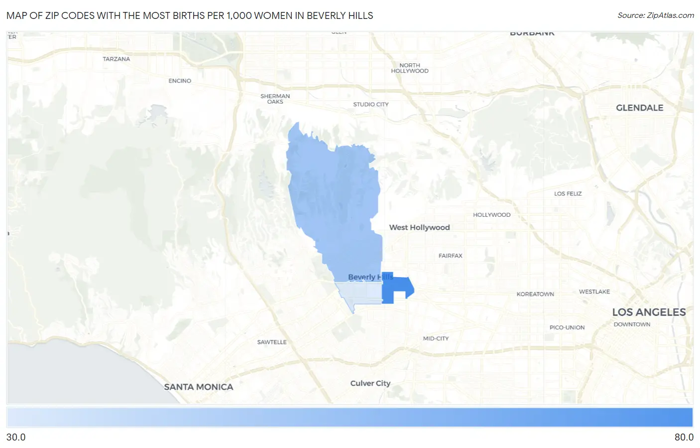 Zip Codes with the Most Births per 1,000 Women in Beverly Hills Map
