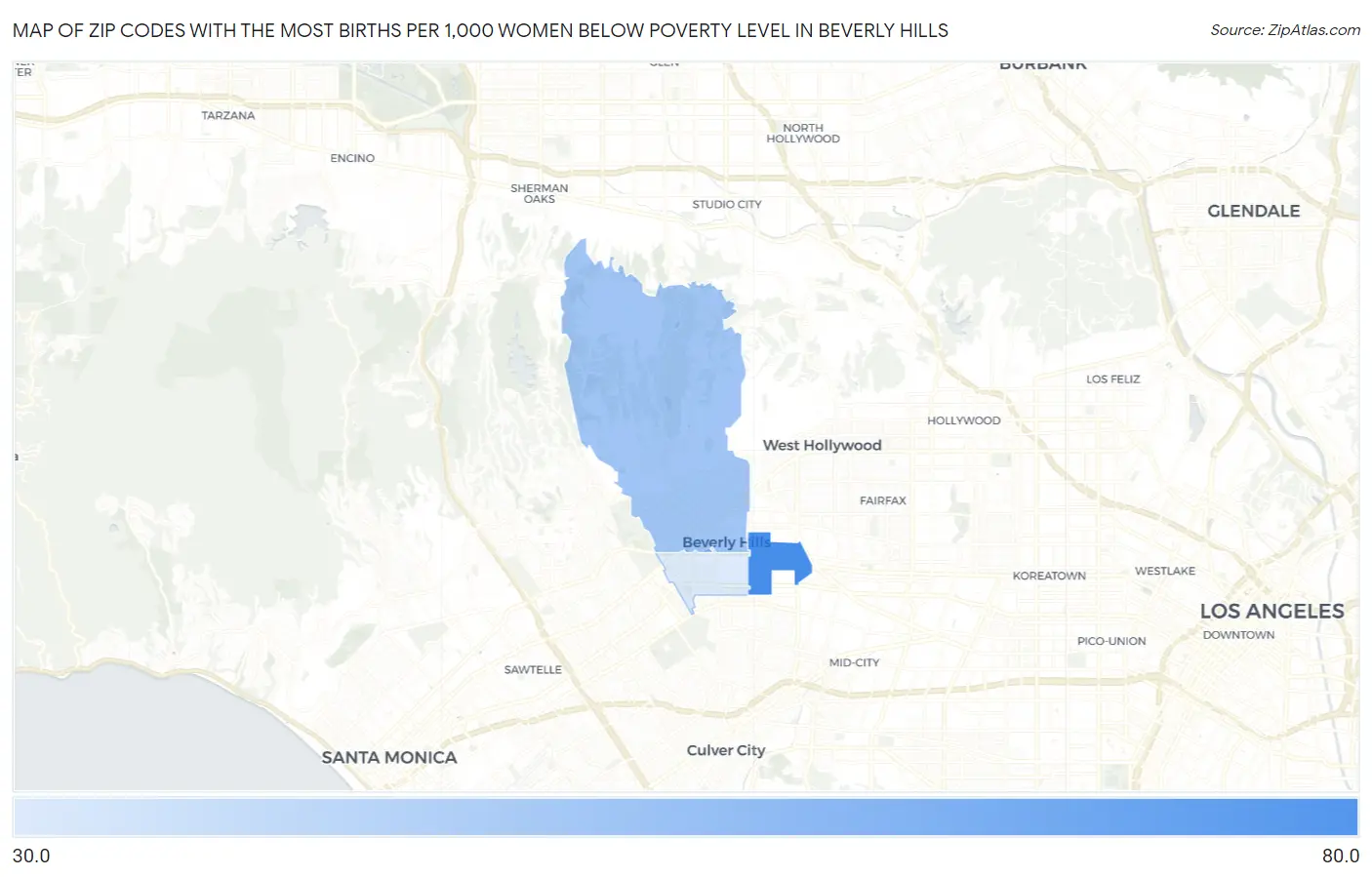 Zip Codes with the Most Births per 1,000 Women Below Poverty Level in Beverly Hills Map