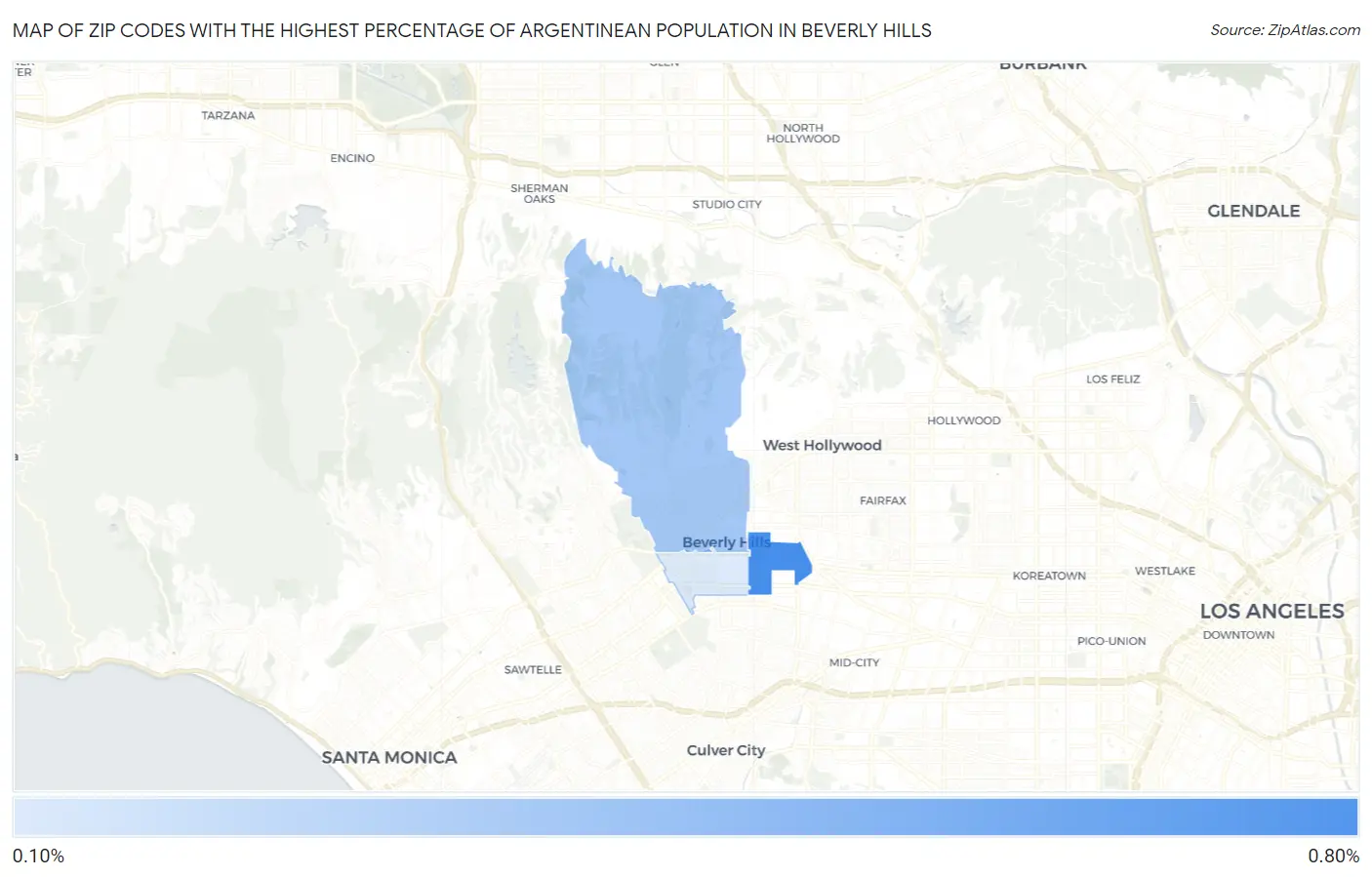 Zip Codes with the Highest Percentage of Argentinean Population in Beverly Hills Map