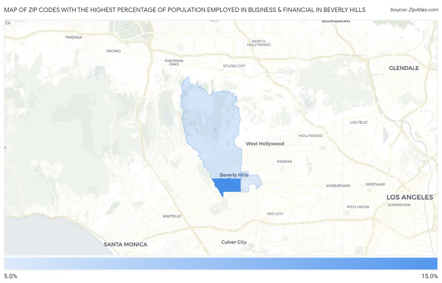 Zip Codes with the Highest Percentage of Population Employed in Business & Financial in Beverly Hills Map