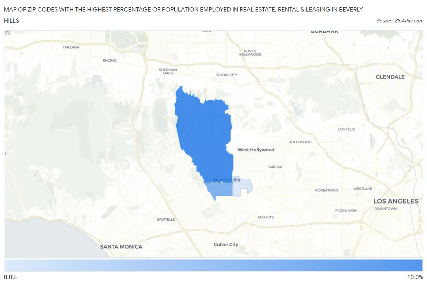 Zip Codes with the Highest Percentage of Population Employed in Real Estate, Rental & Leasing in Beverly Hills Map