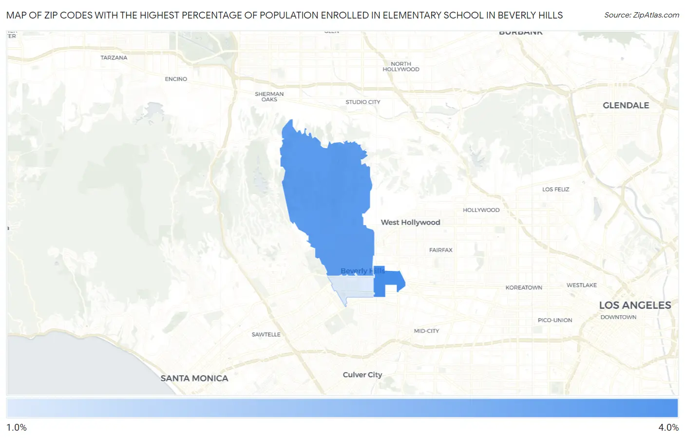 Zip Codes with the Highest Percentage of Population Enrolled in Elementary School in Beverly Hills Map